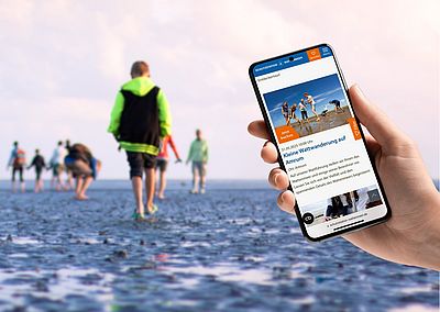 Hand hält Smartphone mit Info zur Wattwanderung, im Hintergrund läuft eine Gruppe durchs Watt bei Amrum.