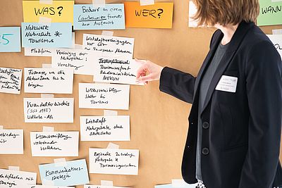 Eine Frau steht vor einer Pinnwand, auf der viele handbeschriftete Karten in unterschiedlichen Farben befestigt sind. Die Karten sind thematisch gruppiert und stellen ein Brainstorming oder eine Projektplanung dar.