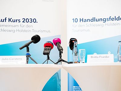 Zwei mit weißen Tischtüchern bedeckte Stehtische stehen nebeneinander, vorbereitet für eine Pressekonferenz oder Podiumsdiskussion. Auf den Tischen stehen Namensschilder mit den Aufschriften „Julia Carstens“ und „Britta Franke“. Vor den Schildern sind mehrere Mikrofone mit Logos verschiedener Medien.