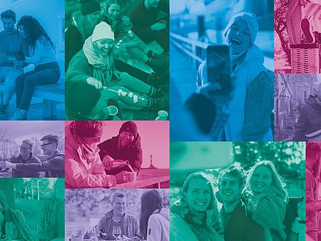 Eine farbige Collage aus fröhlichen Alltagsszenen: Menschen beim Anstoßen, Lachen, Spazieren, Einkaufen und Entspannen – teils in der Natur, teils in der Stadt. Die Bilder sind in unterschiedlichen Farbtönen überlagert und vermitteln eine positive, gesellige Atmosphäre.