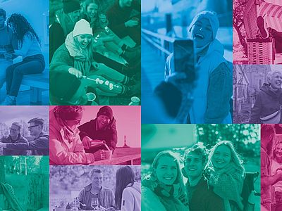 Eine farbige Collage aus fröhlichen Alltagsszenen: Menschen beim Anstoßen, Lachen, Spazieren, Einkaufen und Entspannen – teils in der Natur, teils in der Stadt. Die Bilder sind in unterschiedlichen Farbtönen überlagert und vermitteln eine positive, gesellige Atmosphäre.