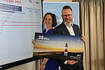 TA.SH-Geschäftsführerin Dr. Bettina Bunge & Tourismusminister Claus Ruhe Madsen halten ein Schild mit dem Text "über 38 Millionen Übernachtungen in SH" hoch und lächeln. 