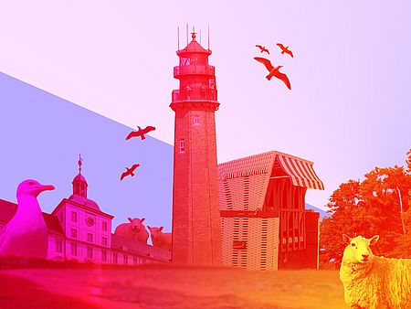Ein Schloss, Möwen, ein Leuchtturm, ein Strandkorb und Schafe, die in rötlich und violetten Farben eingefärbt sind.